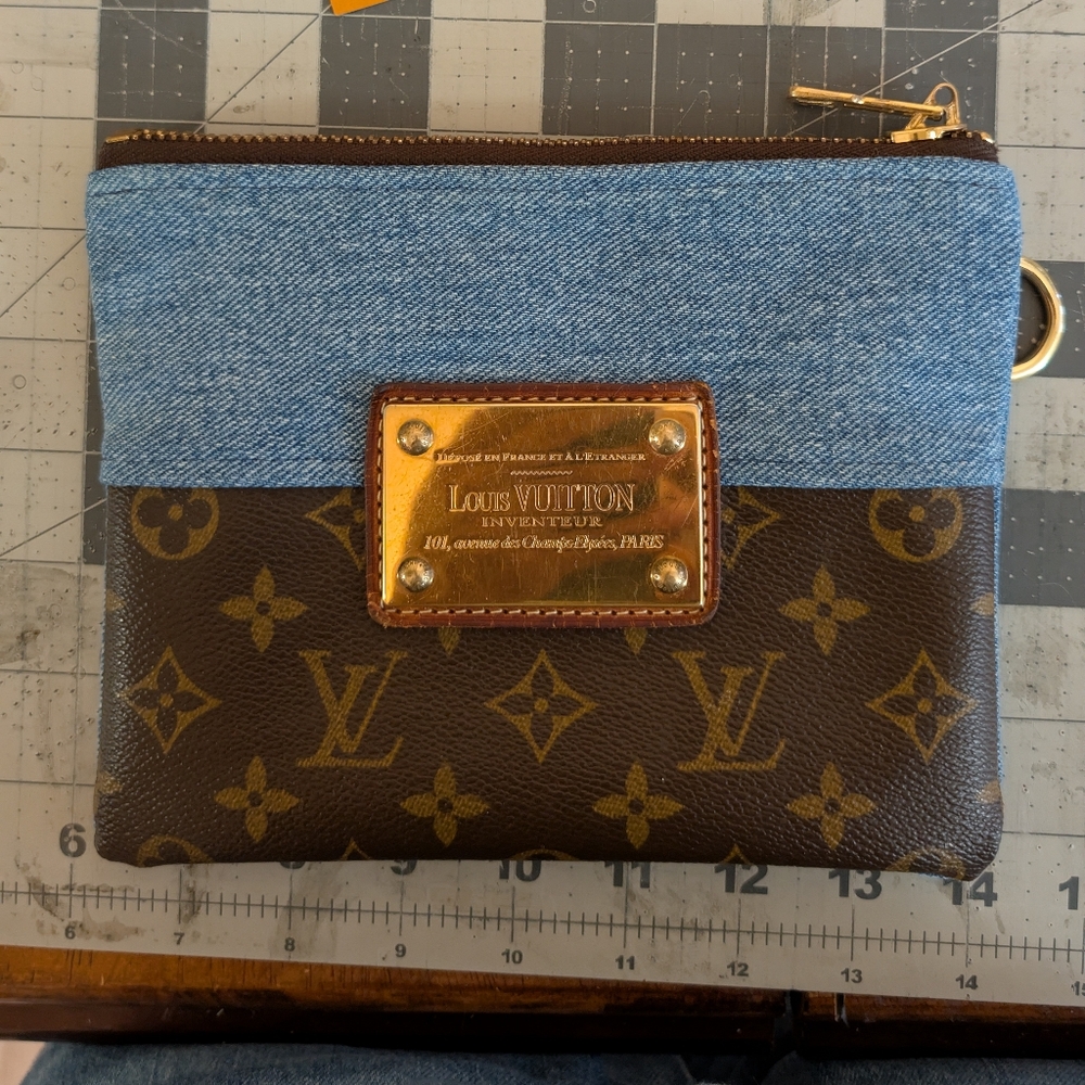❌SOLD❌Repurposed Denim Wristlet Made With Authentic Louis Vuitton Materials.